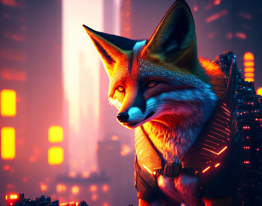 Anthropomorphic fox in futuristic armor against neon-lit cityscape