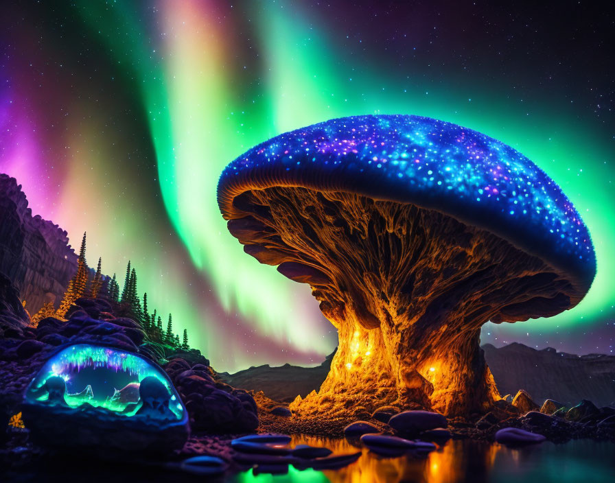 Glowing mushroom in vibrant aurora sky with luminescent creatures and twinkling stars