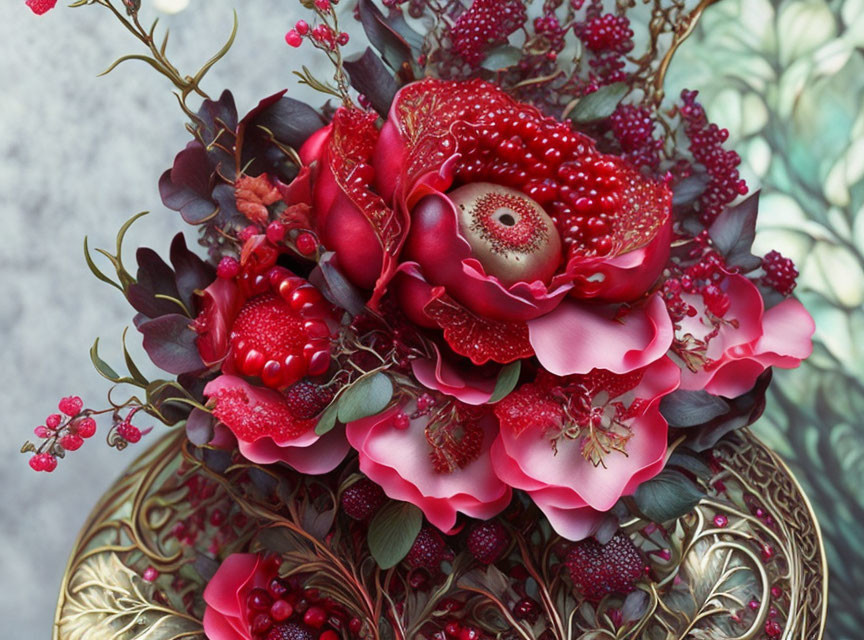 Colorful Floral Arrangement with Red Blooms and Berries on Golden Surface