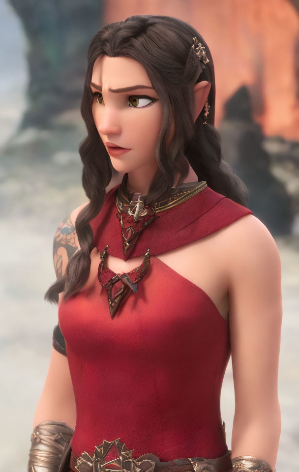 Poised elf with long brown hair and elegant jewelry in red top