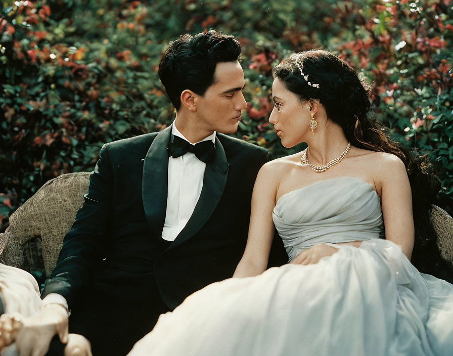 Formal wedding couple on bench surrounded by greenery