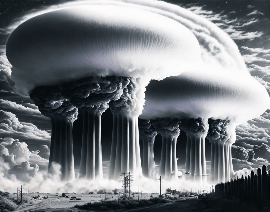 Monochrome image of multiple mushroom clouds in dramatic fallout landscape