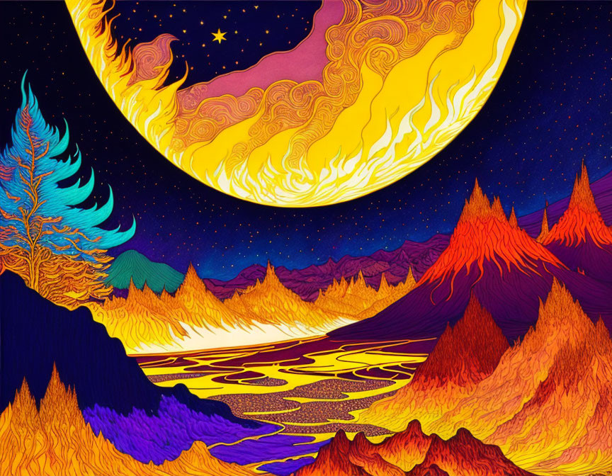 Colorful psychedelic landscape with swirling moon, fiery mountains, reflective lake, starry sky, and blue