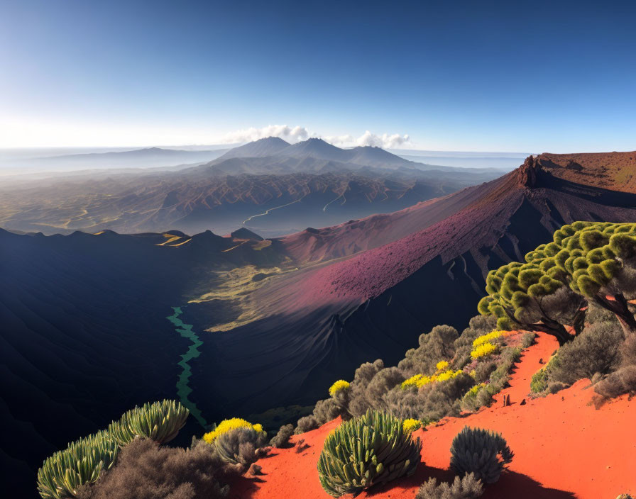 Vibrant volcanic landscape with lush greenery and red soil