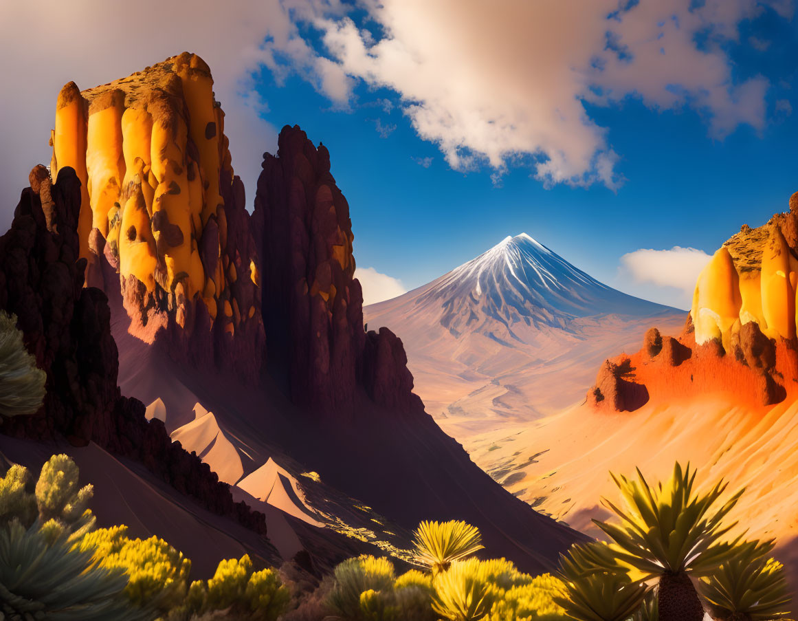 Vivid red-orange rock formations with snow-capped mountain and blue sky