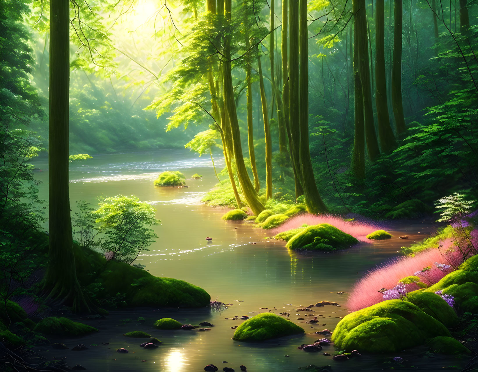 Serene forest scene with sunbeams, river, moss-covered rocks