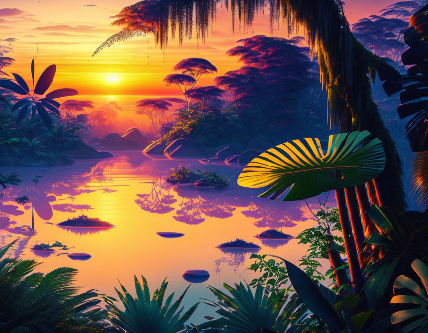 Tranquil sunset over still water in vibrant tropical jungle