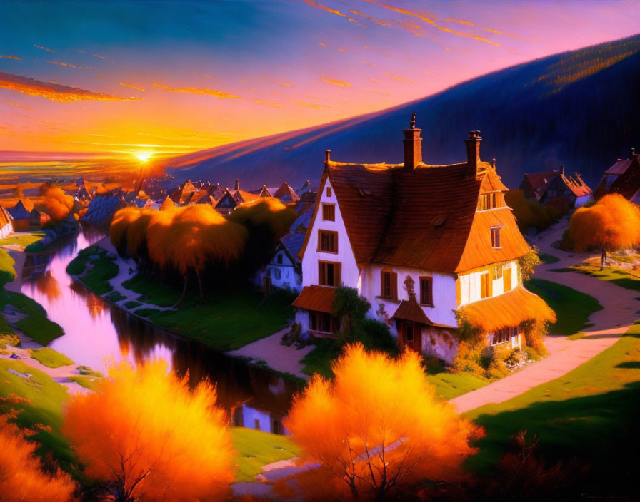 Scenic village sunset with autumn colors, river, and white thatched house