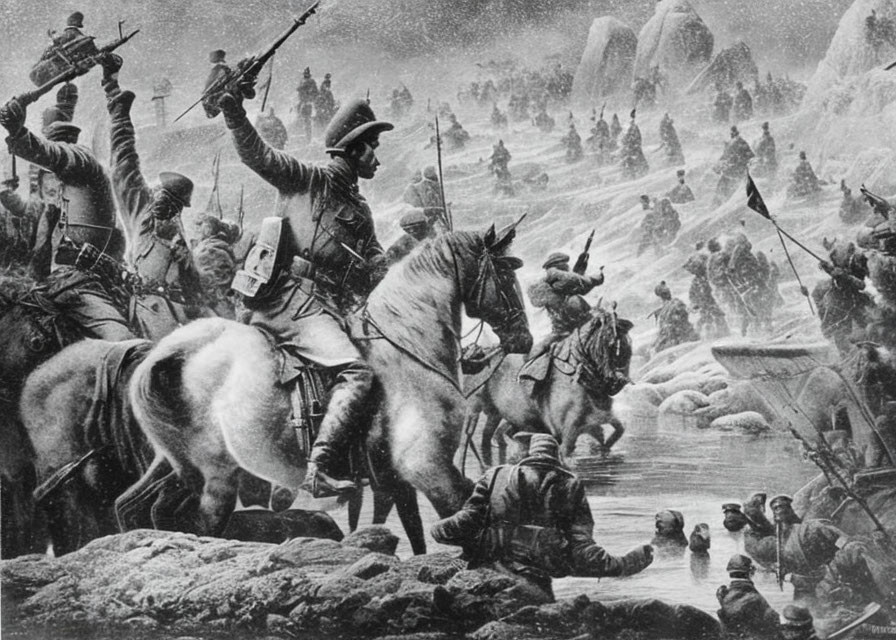 Black and white historical battle scene with soldiers on horseback and foot in snowy terrain near river