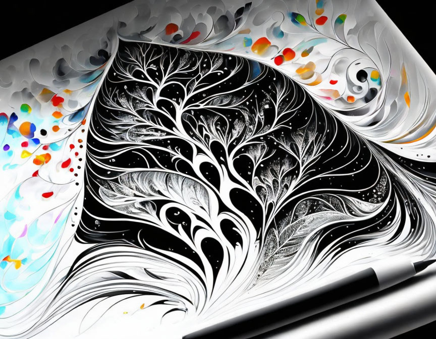 Abstract Artwork with Vivid Color Splashes and Detailed Tree Design