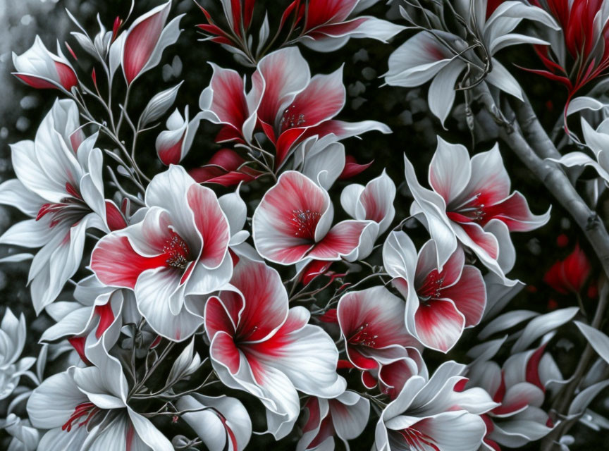 White and Red Flowers on Monochrome Background: Vibrant Petals and Dark Leaves