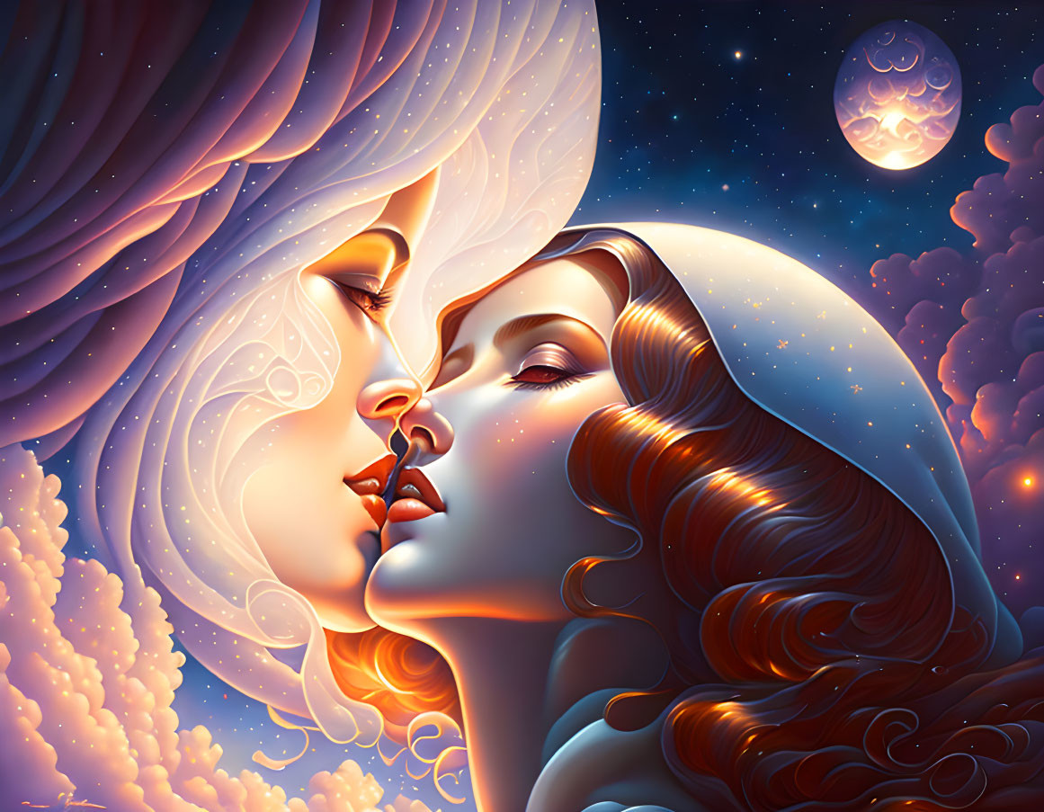 Surreal illustration of two female faces in moon and starry sky