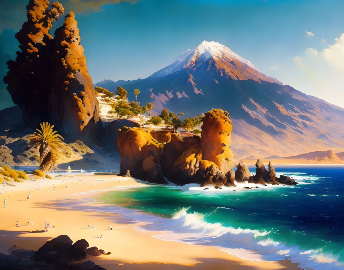 Beach scene with people, cliffs, greenery, mountain