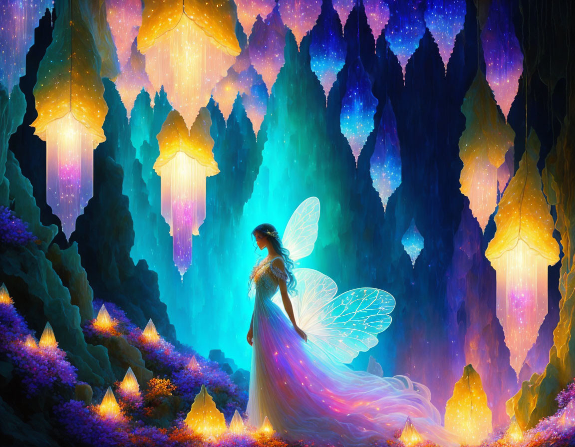 Ethereal fairy in enchanted forest with glowing flowers and lanterns