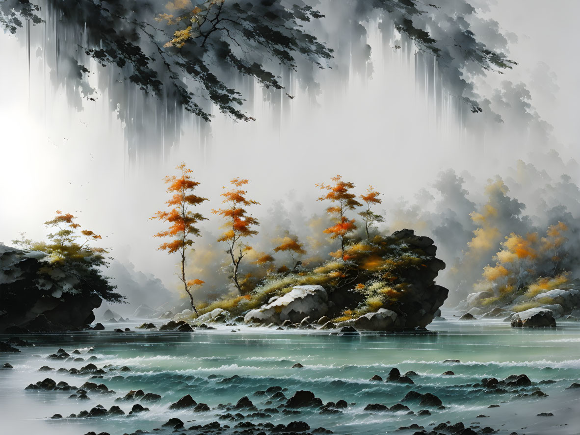 Tranquil landscape painting: misty waterfall, autumn trees, turquoise river