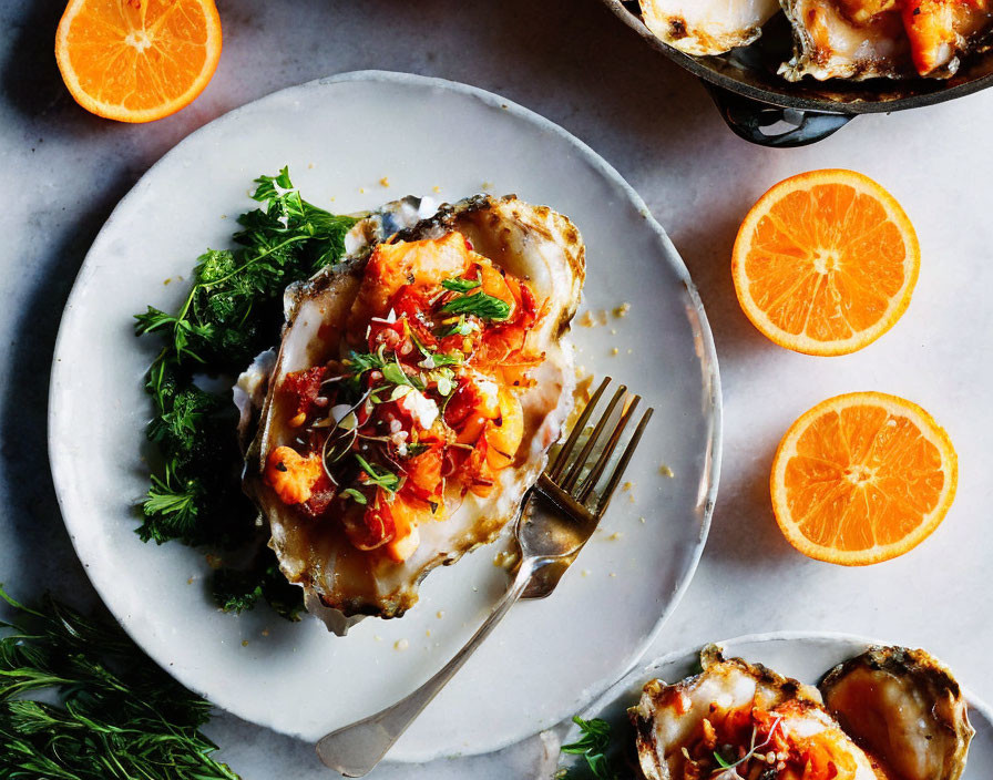 Grilled oysters with herbs and tomatoes on white plate with orange slices