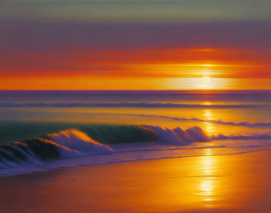 Colorful sunset painting over ocean waves crashing on shore