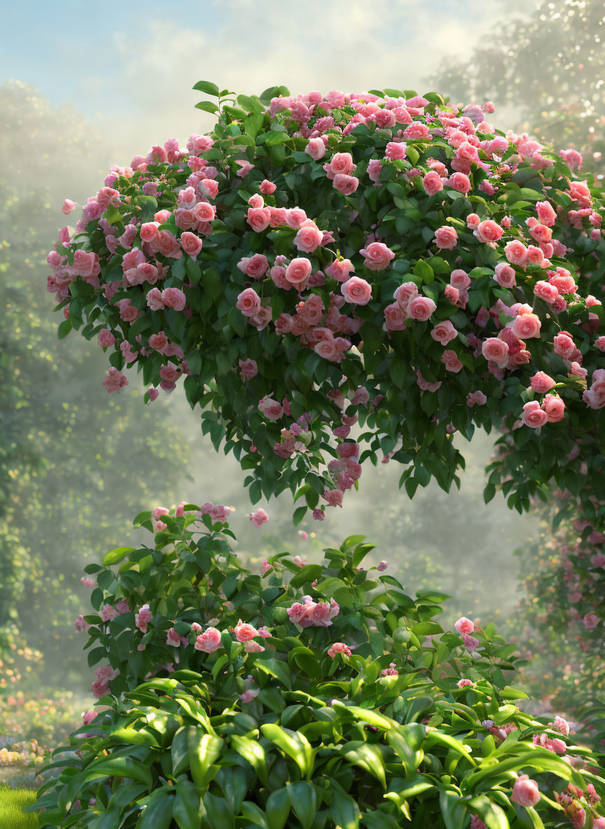 Pink rose bush arch in misty garden ambiance