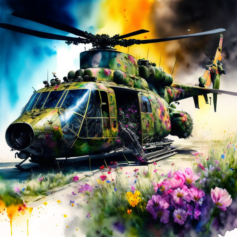 Colorful Military Helicopter Painting Landing in Flower Field