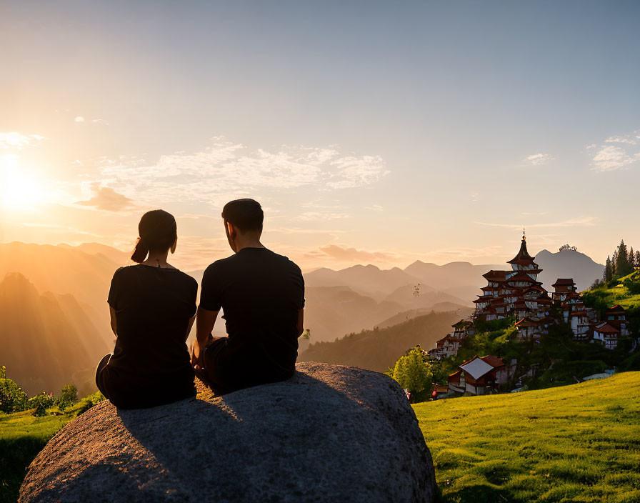 People sitting on rock at sunset overlooking valley with pagoda-style building.