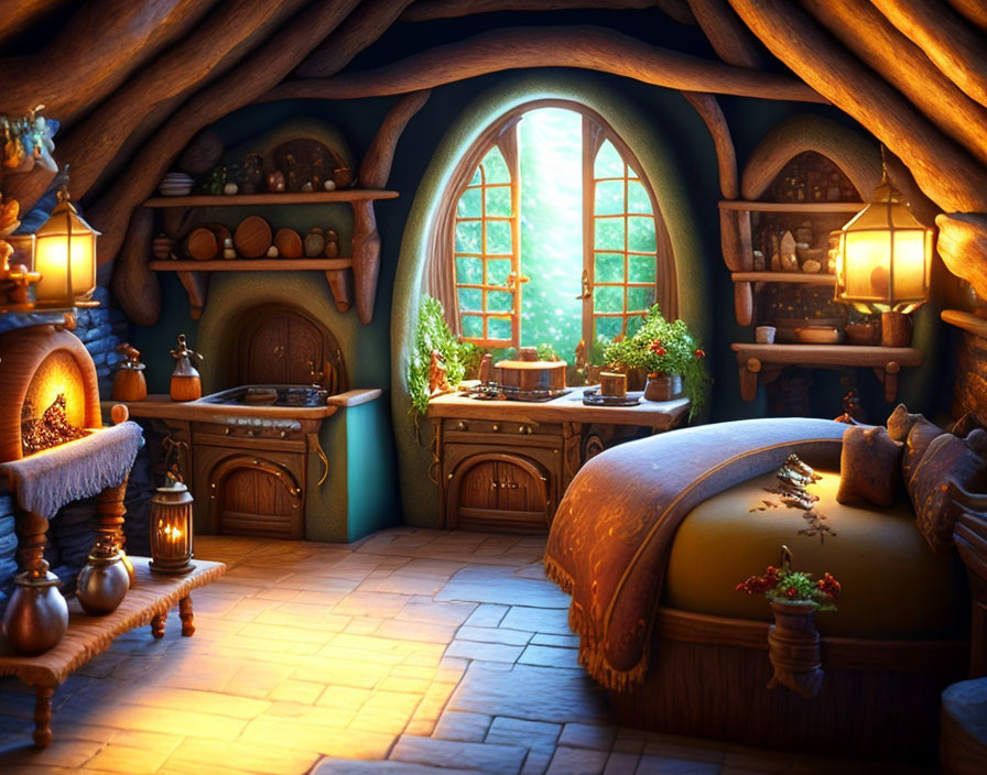 Rustic room with bed, arched windows, wooden furniture, lanterns, and pottery shelves