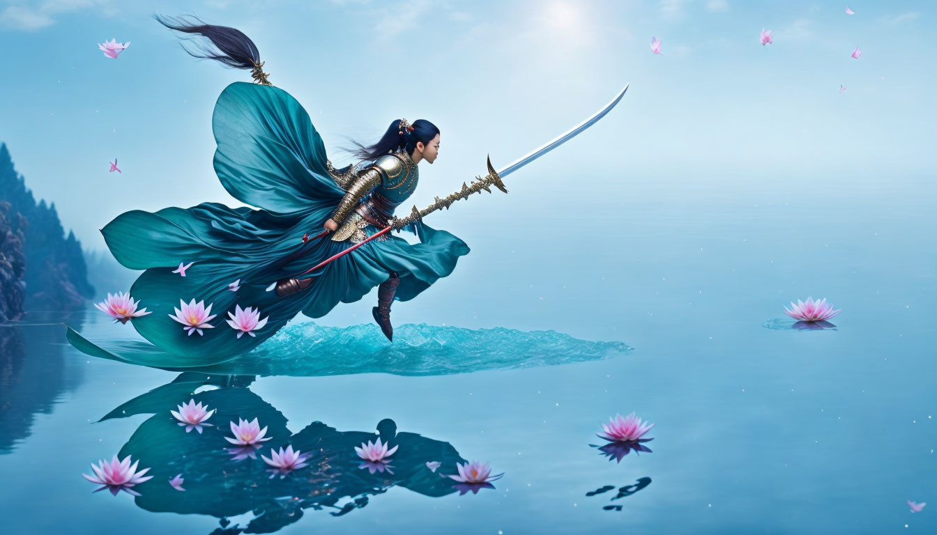 Figure in traditional armor wields sword over serene waters with lotus flowers