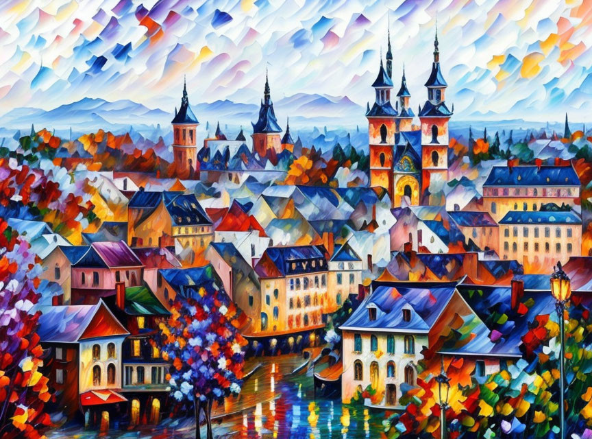 European Town Painting with Colorful Buildings and Spires