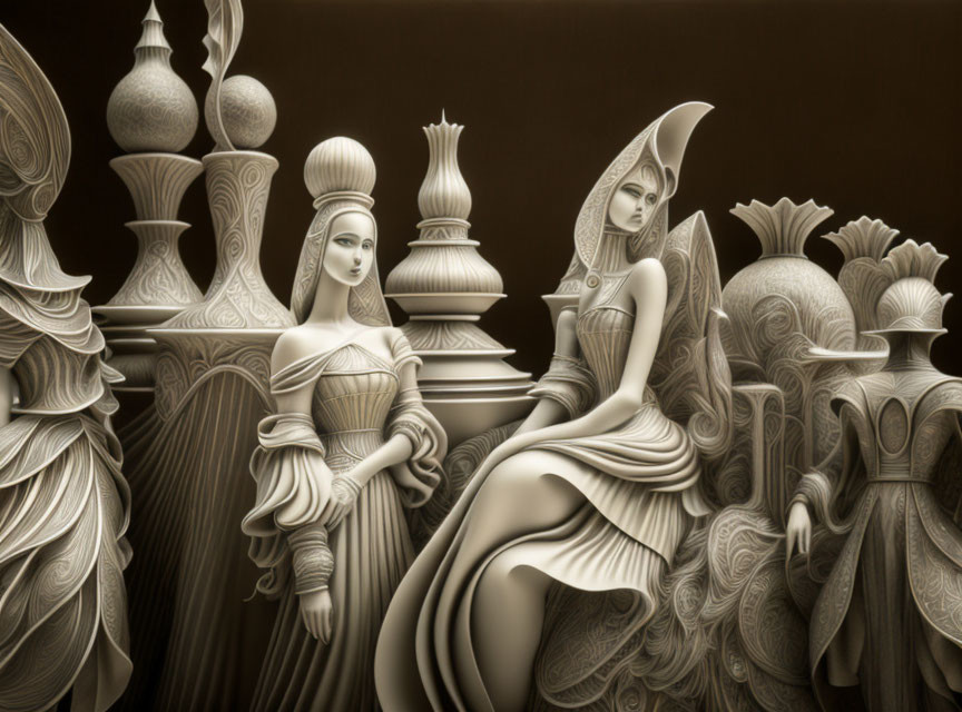 Monochrome artwork featuring elegant female figures and chess pieces.