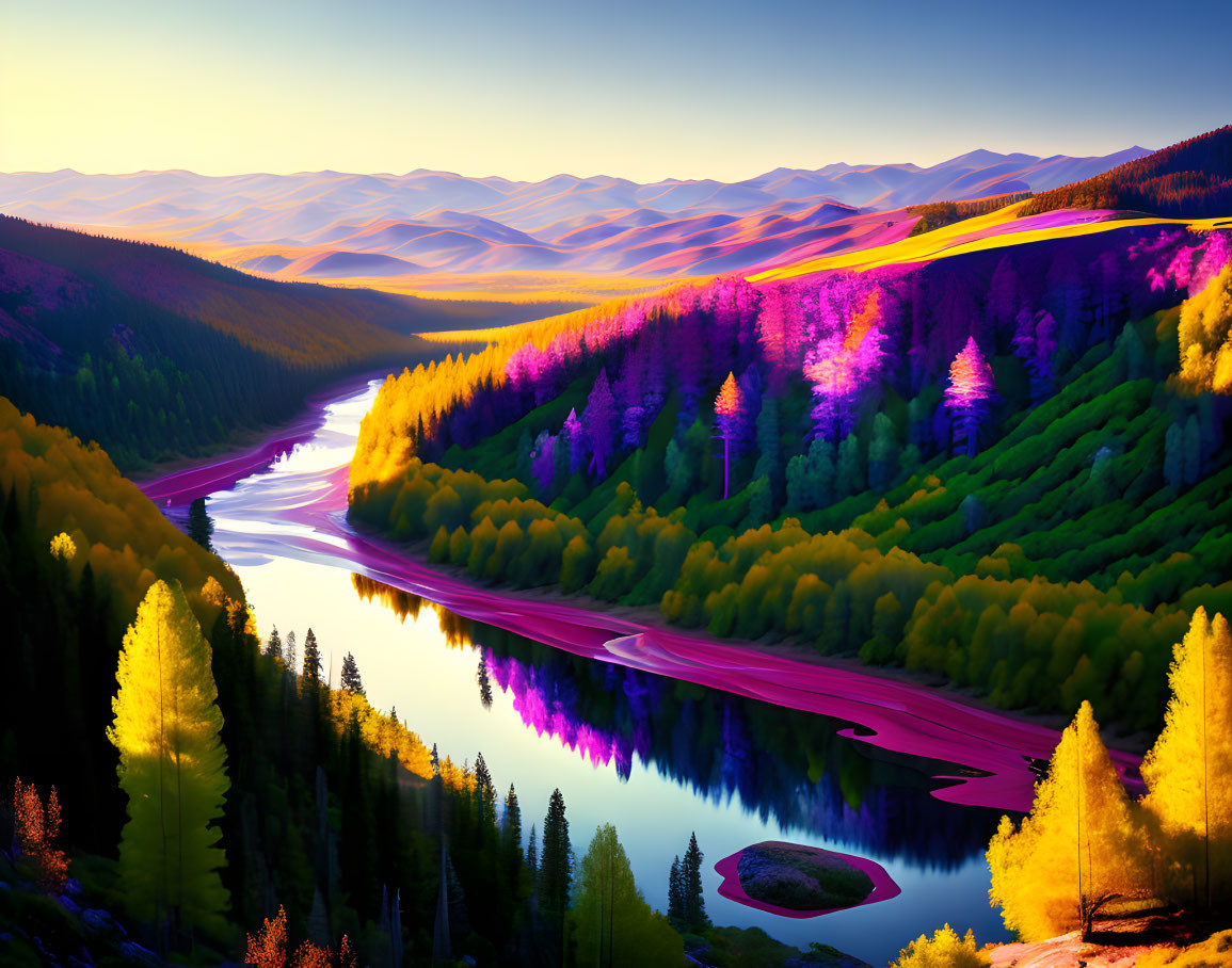 Colorful forest and winding river in vibrant landscape at sunrise or sunset