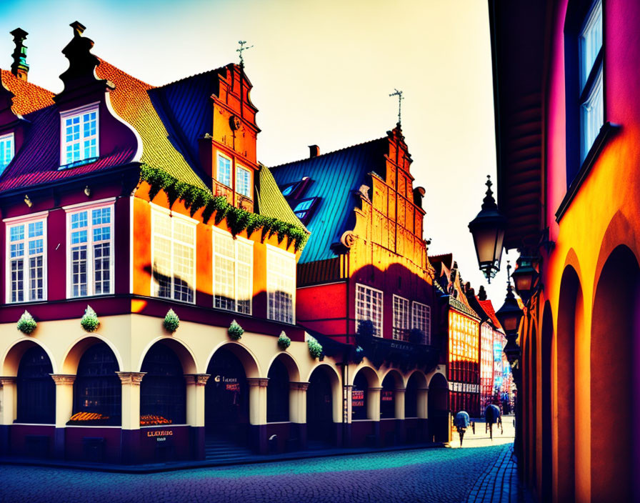 European cobblestone street with traditional buildings under blue sky