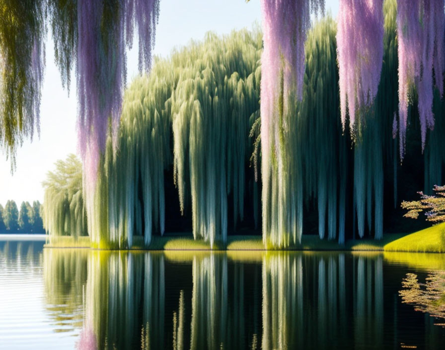 Tranquil lake reflecting lush weeping willows under clear sky