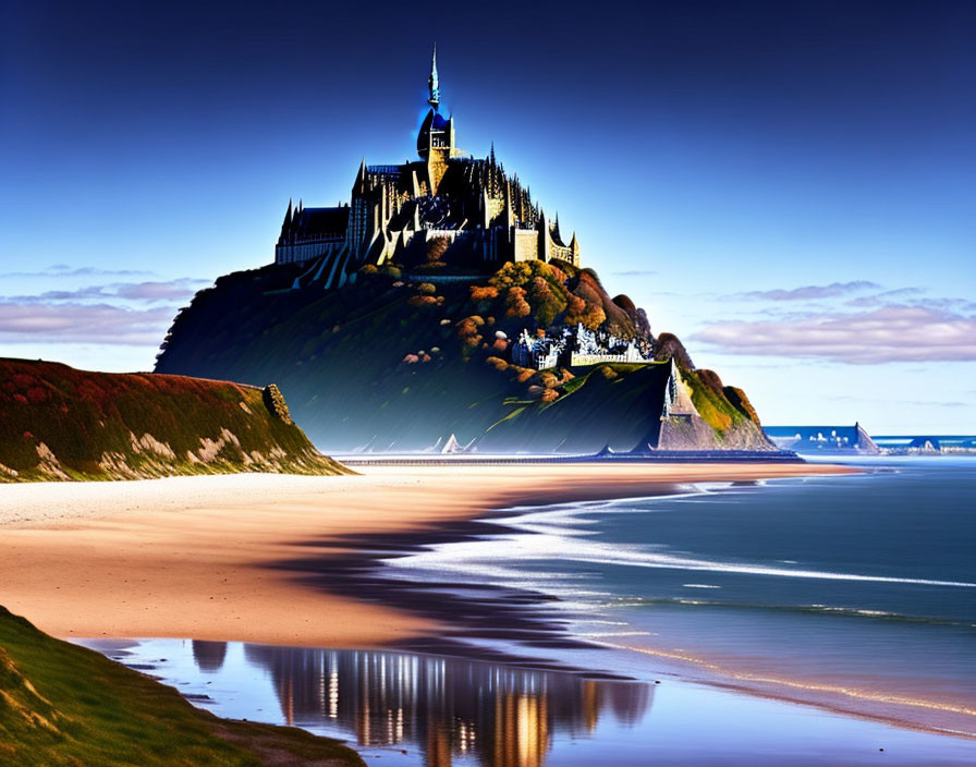 Majestic castle on hill overlooking serene beach at dawn or dusk