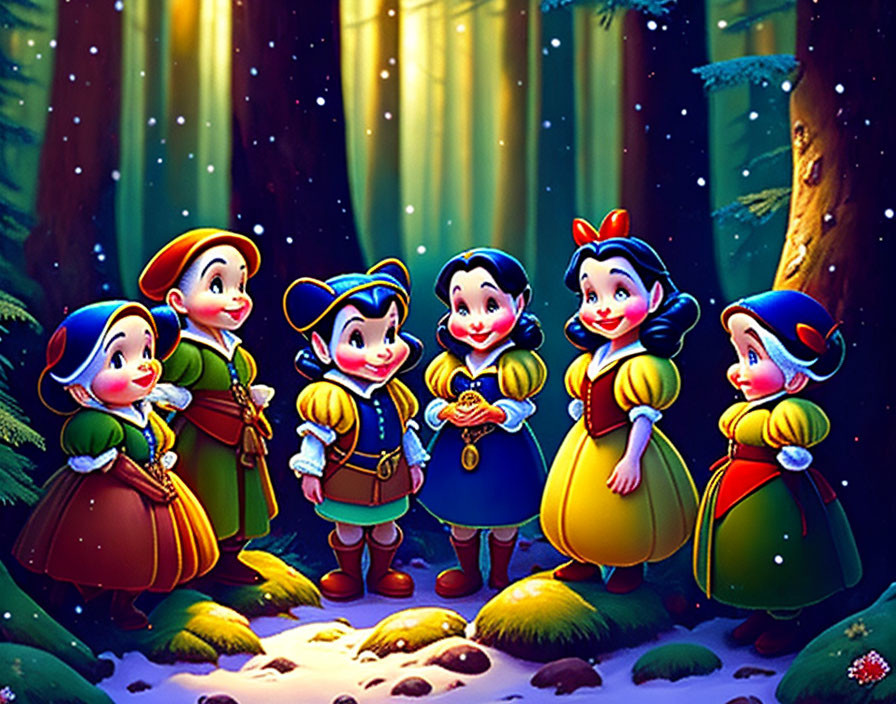 Magical forest scene with dwarfs and princess at night