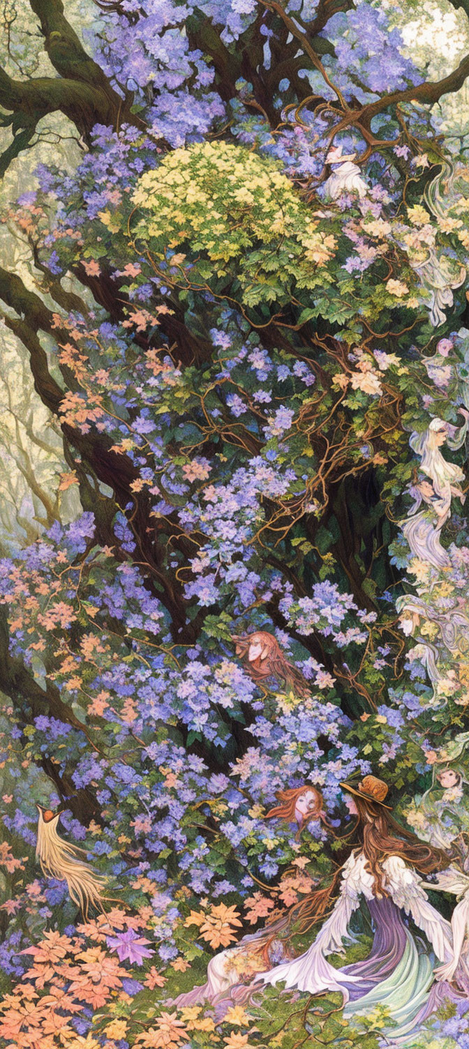 Whimsical tree with purple flowers and ethereal beings in vertical art