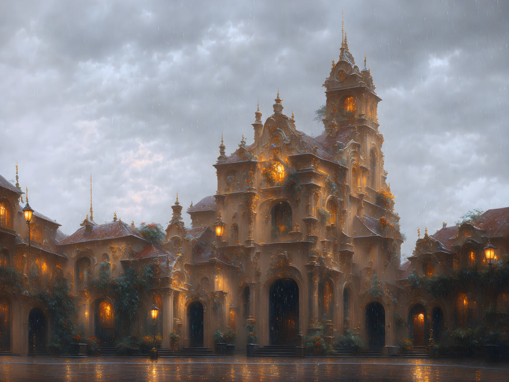 Baroque-style architecture in warm twilight rain.