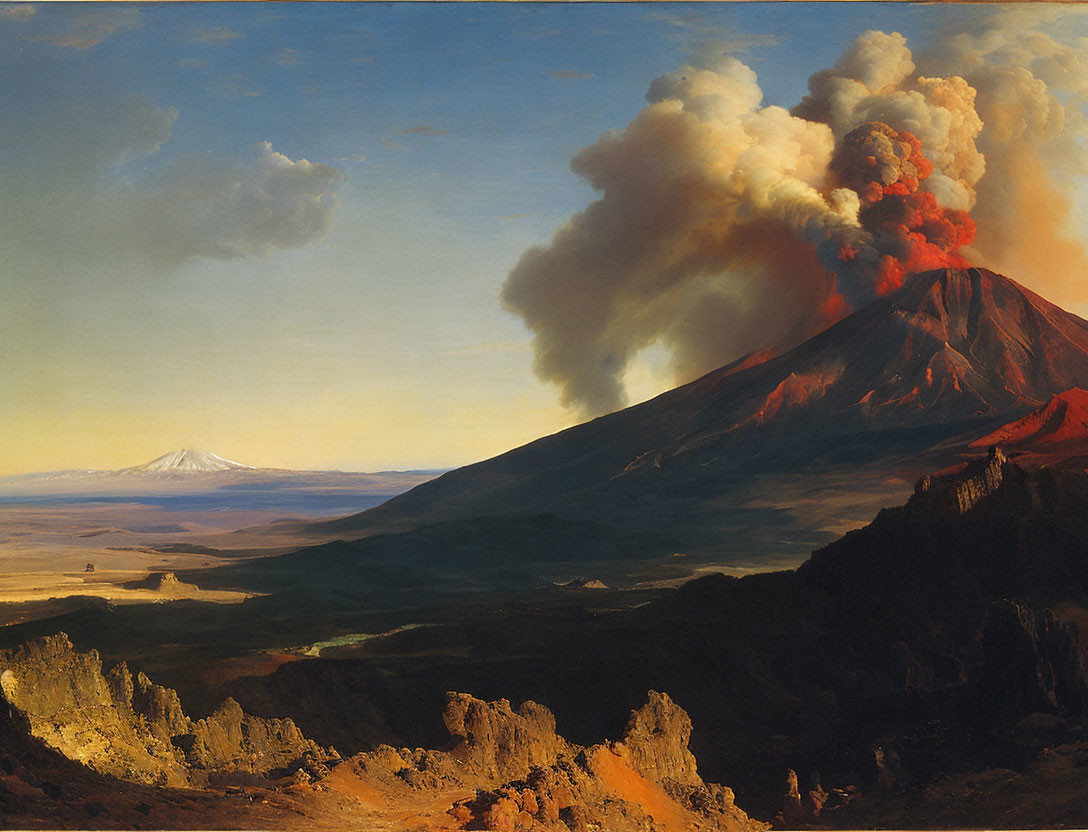 Volcanic eruption painting: smoke, ash clouds, orange-blue sky, distant mountains