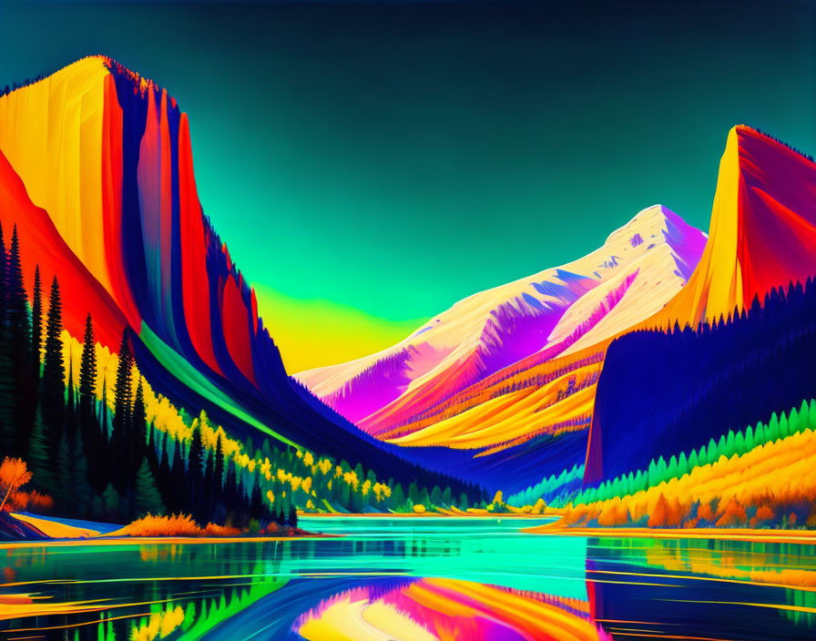 Colorful Psychedelic Mountain Landscape with Lake Reflections