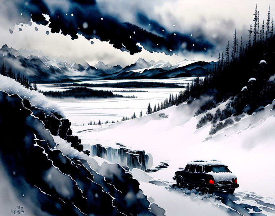 Monochromatic winter landscape with SUV, snow-covered cliff, frozen lake, mountains, and waterfall