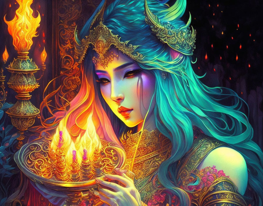 Mystical woman with blue hair and gold jewelry in vibrant setting