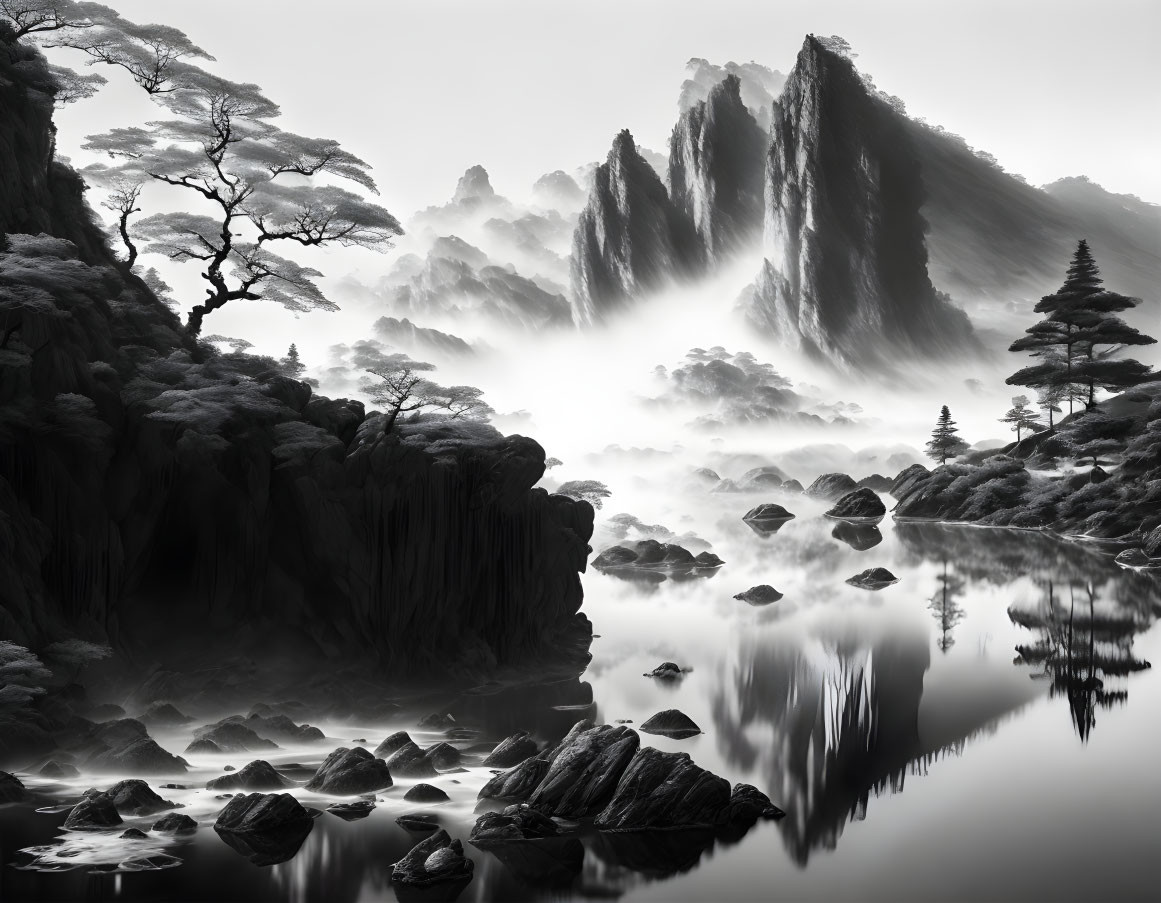 Serene monochrome landscape with misty mountains, water, cliffs, and rocks