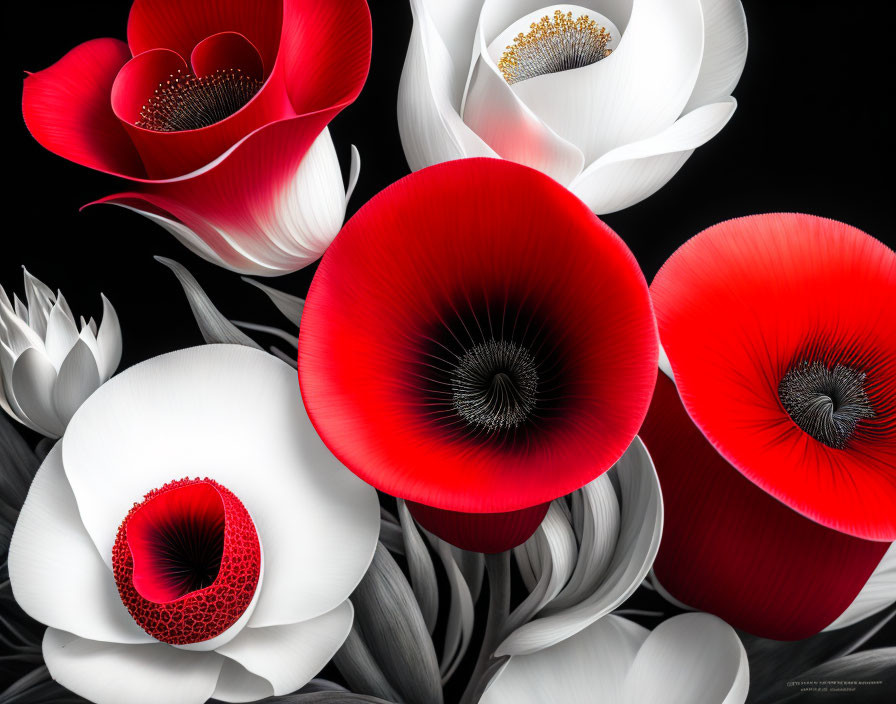 Detailed White and Red Flower Graphic Art on Dark Background