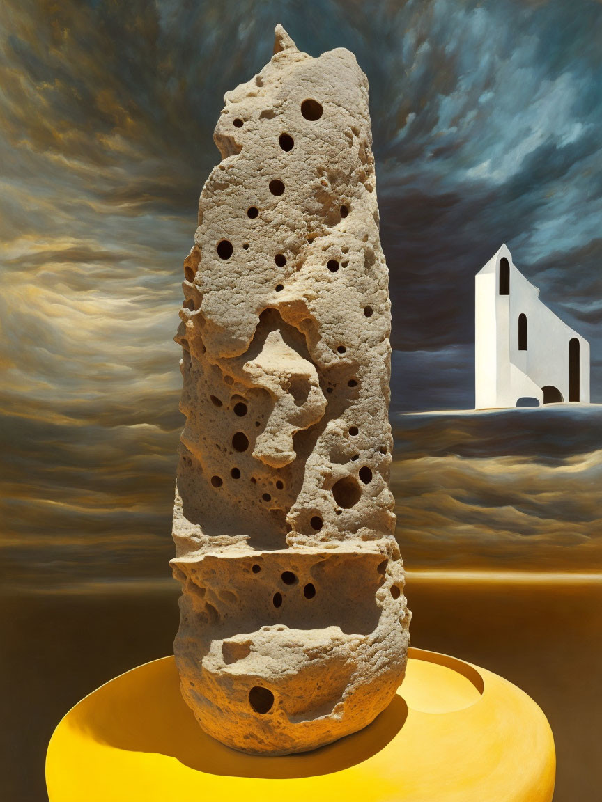 Weathered Rock Formation with Holes Against Dramatic Sky and White Building