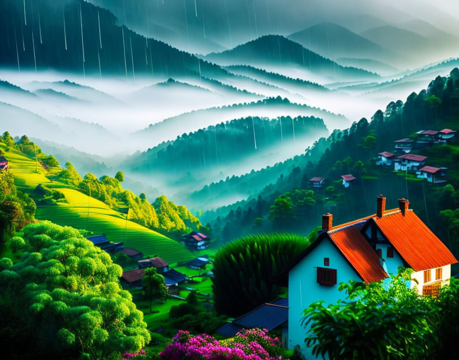 Lush valley with terraced fields and rolling hills in rain shower