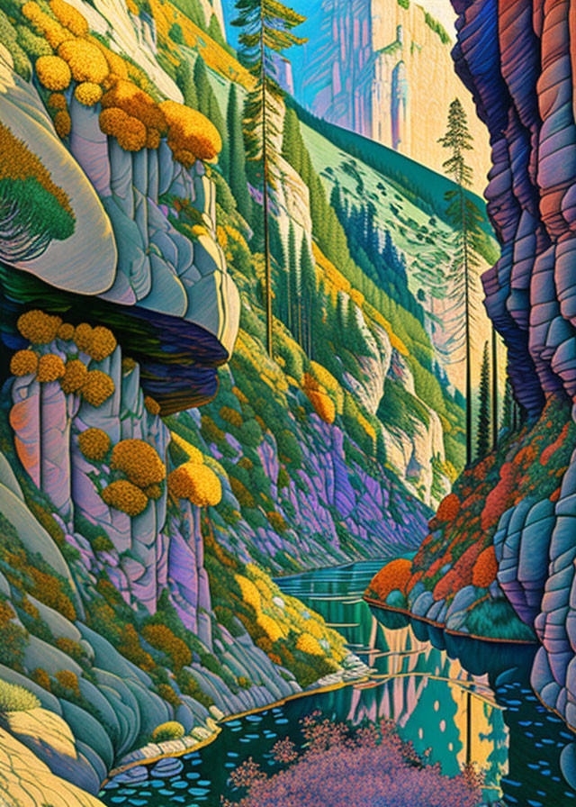 Colorful stylized illustration of a lush canyon with river, rich textures, diverse flora, warm and