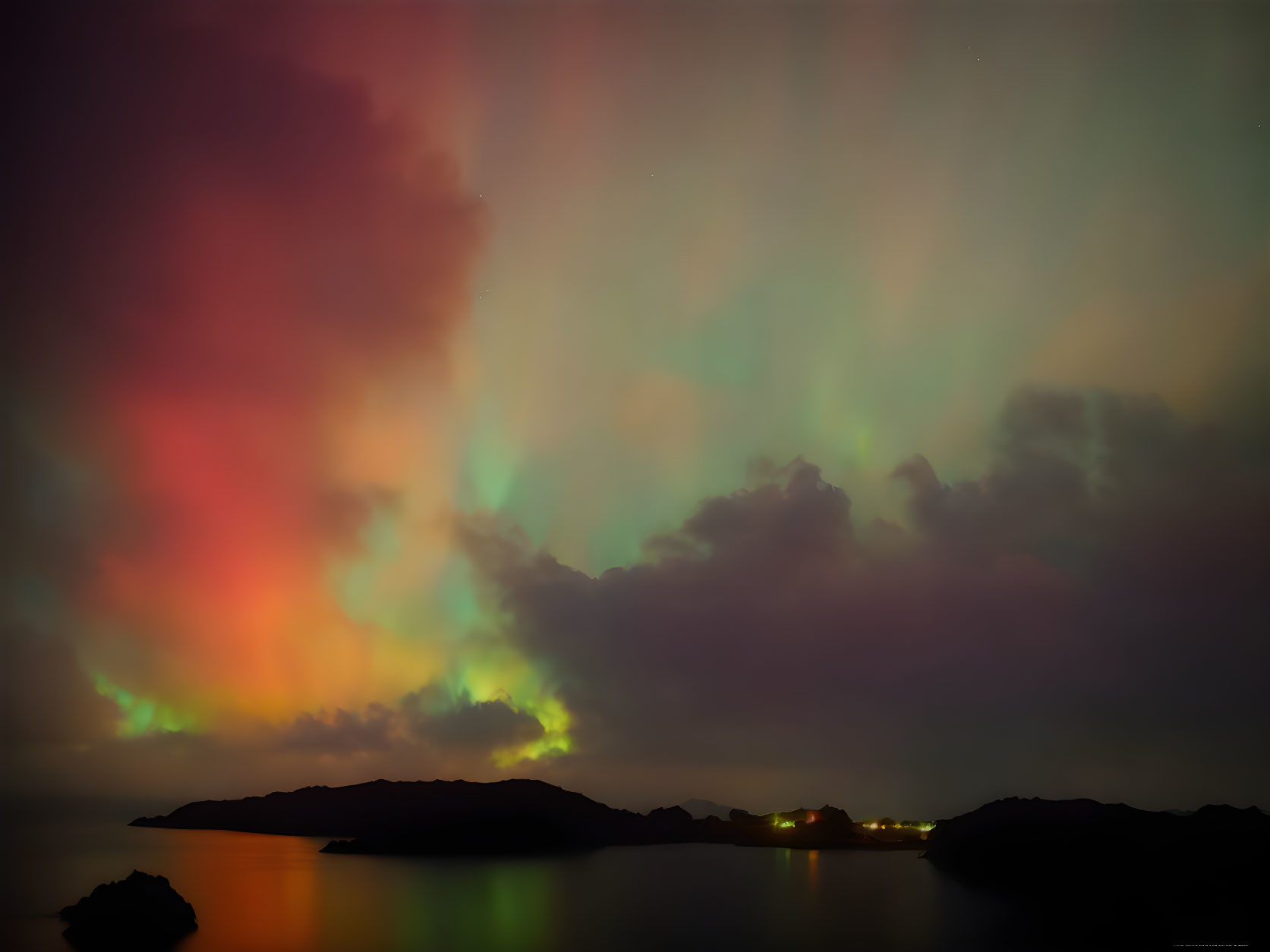 Vibrant aurora borealis over coastal landscape at night