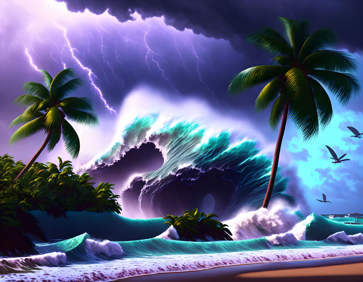 Tropical storm scene with lightning, waves, palm trees, and birds