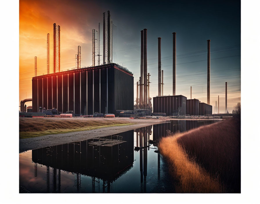 Sunset reflection of industrial plant and chimneys in water with warm sky hues and road.