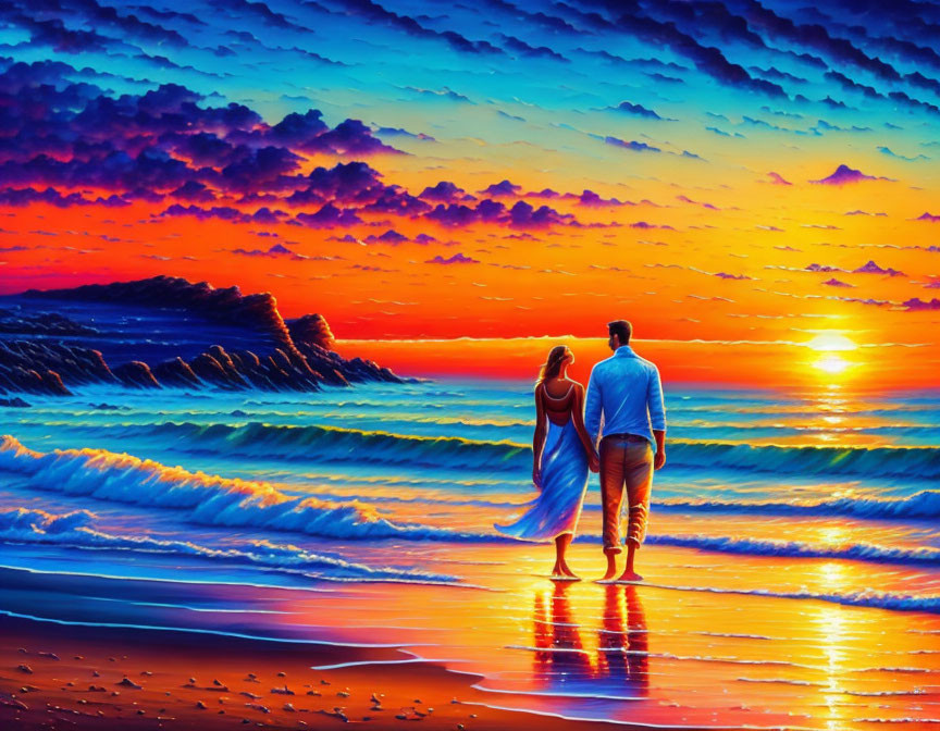 Couple walking on vibrant beach at sunset with crashing waves