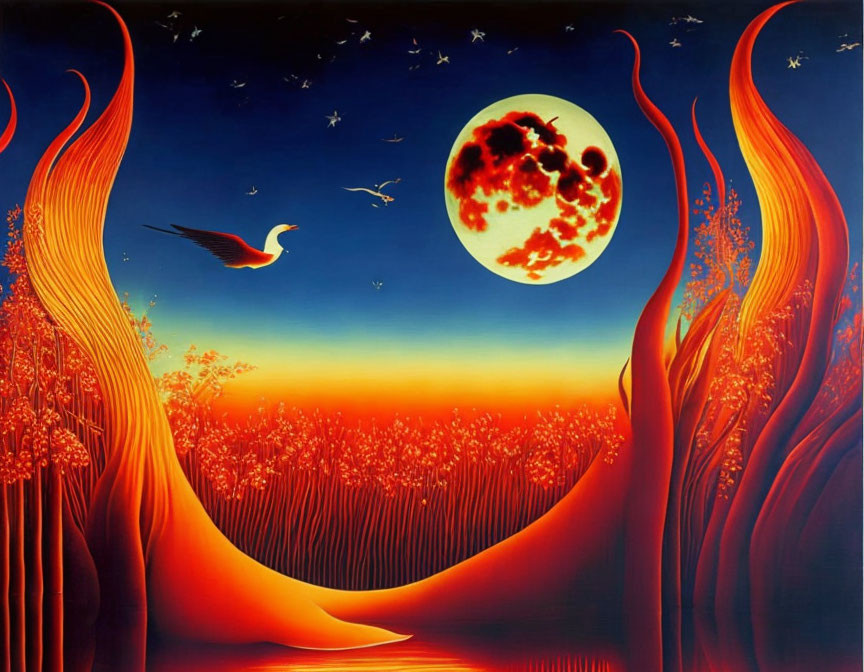 Vibrant orange surreal landscape with moon, bird, and stars