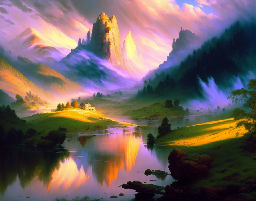 Purple-hued mountains, serene lake, lush greenery, small house landscape